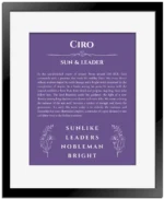 Ciro name meaning wall art by Get Your Story in purple with black matte frame