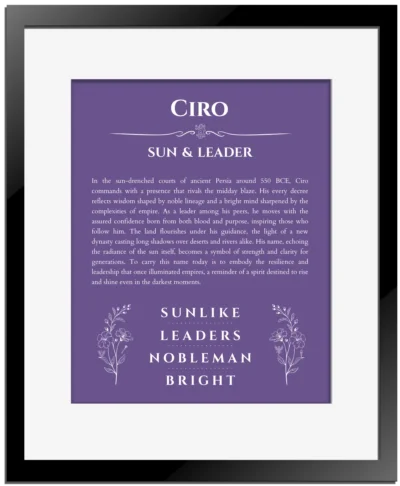 Ciro name meaning wall art by Get Your Story in purple with black matte frame