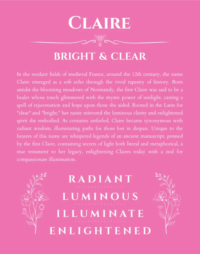 Claire custom name art showing meaning and origin in pink