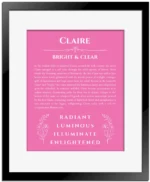 Claire custom name art showing meaning and origin in pink with black matte frame