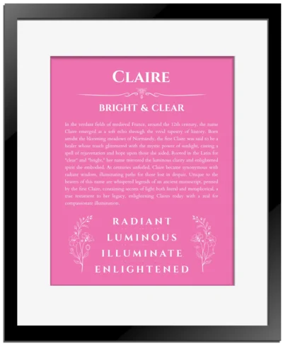 Claire custom name art showing meaning and origin in pink with black matte frame