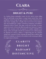 Clara personalized name print with origin and traits in purple
