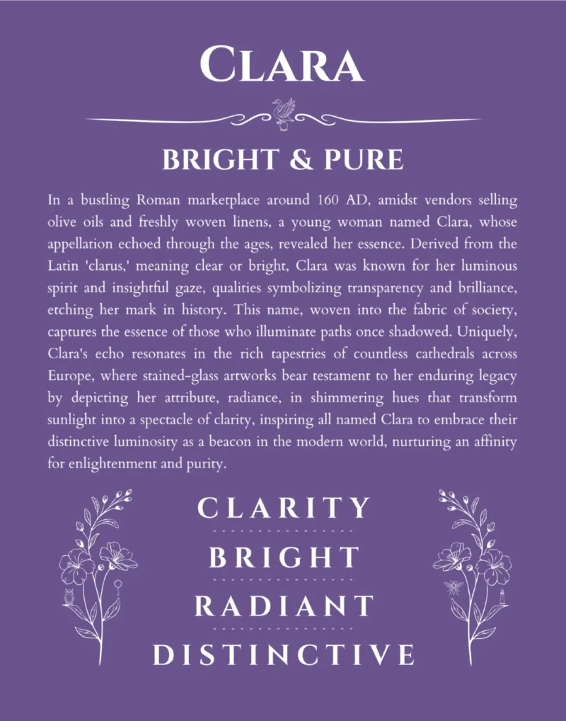 Clara personalized name print with origin and traits in purple