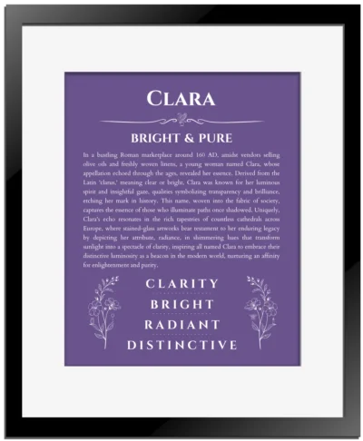 Clara personalized name print with origin and traits in purple with black matte frame