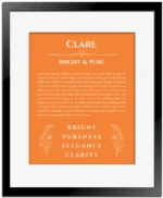 Clare personalized name print with origin and traits in orange with black matte frame
