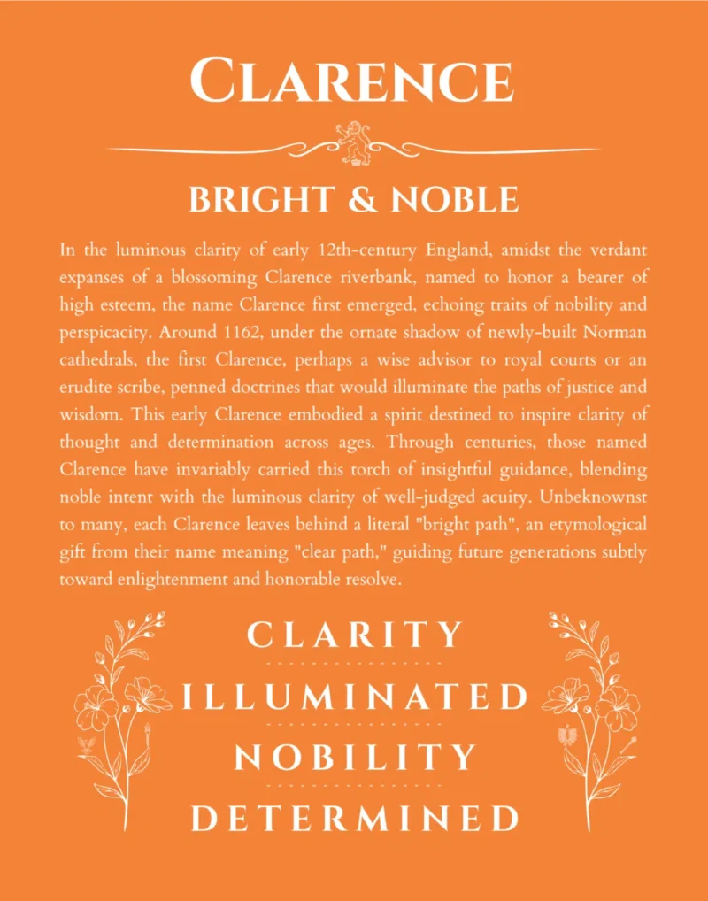 Clarence personalized wall art with the story of your name in orange