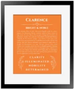 Clarence personalized wall art with the story of your name in orange with black matte frame