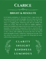 Clarice name origin print with meaning and traits in dark green