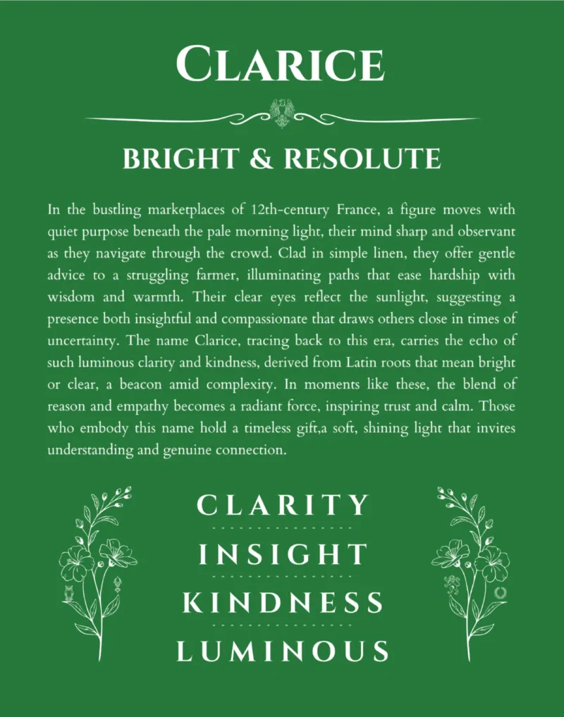 Clarice name origin print with meaning and traits in dark green