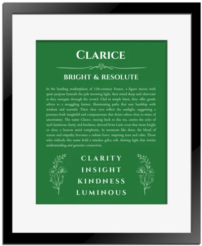 Clarice name origin print with meaning and traits in dark green with black matte frame