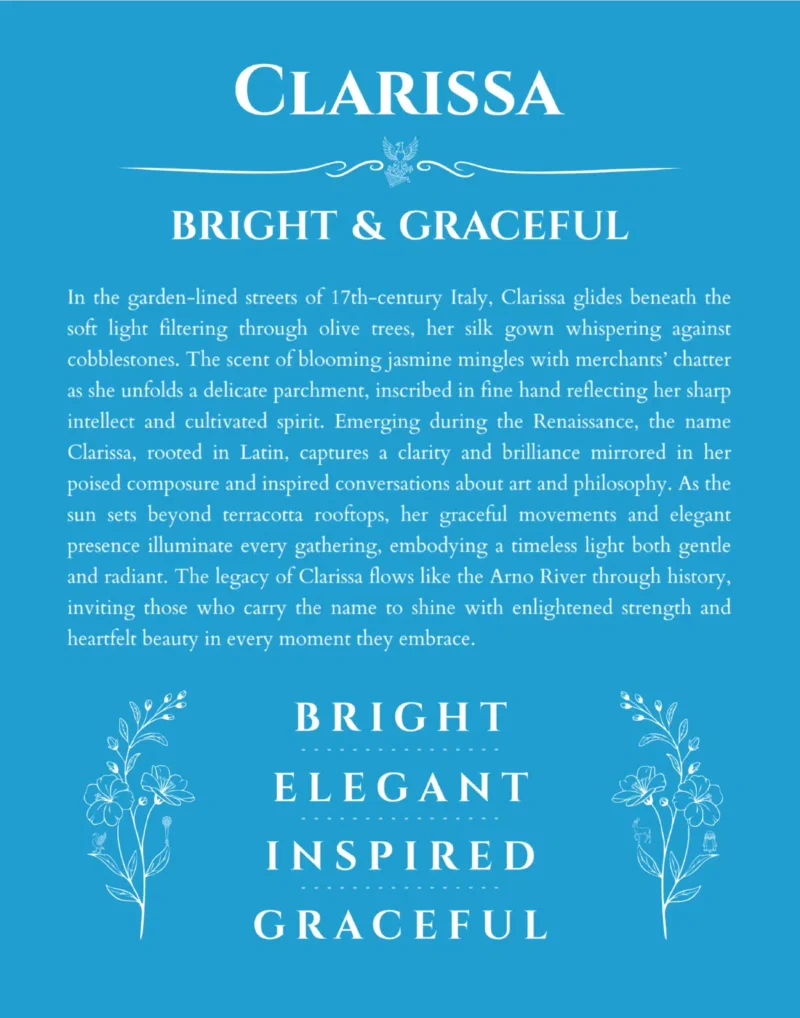 Clarissa personalized wall art with the story of your name in blue