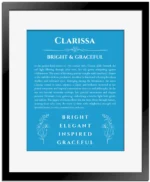 Clarissa personalized wall art with the story of your name in blue with black matte frame