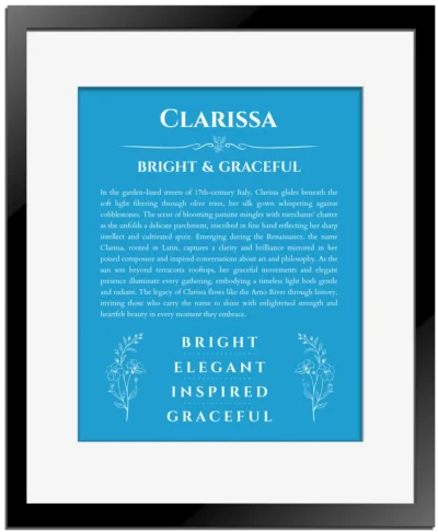 Clarissa personalized wall art with the story of your name in blue with black matte frame