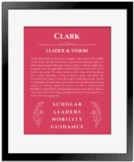 Clark personalized wall art with the story of your name in red with black matte frame