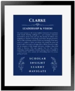 Clarke personalized wall art with the story of your name in deep blue with black matte frame