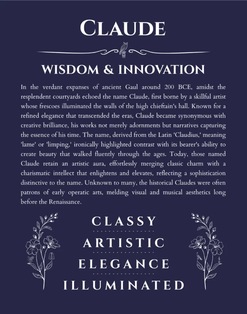 Claude personalized name print with origin and traits in navy blue