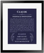 Claude personalized name print with origin and traits in navy blue with black matte frame