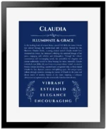 Claudia personalized wall art with the story of your name in deep blue with black matte frame