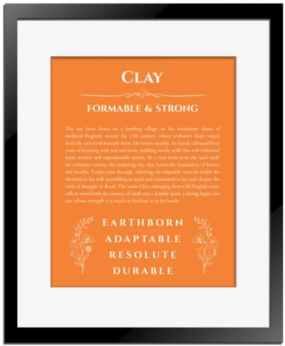 Clay custom name print for wall display in orange with black matte frame