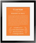 Clayton personalized wall art with the story of your name in orange with black matte frame