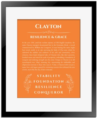 Clayton personalized wall art with the story of your name in orange with black matte frame