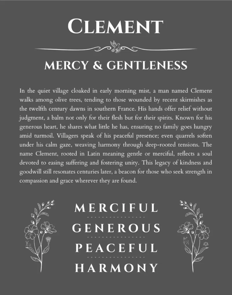 Clement personalized name art with origin story in gray