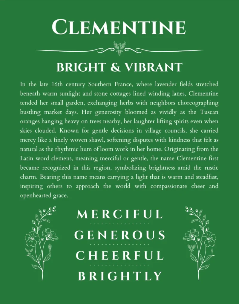 Clementine personalized name art with origin story in dark green