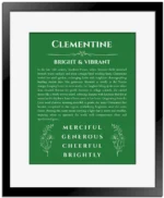 Clementine personalized name art with origin story in dark green with black matte frame
