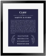 Cliff personalized name art with origin story in navy blue with black matte frame