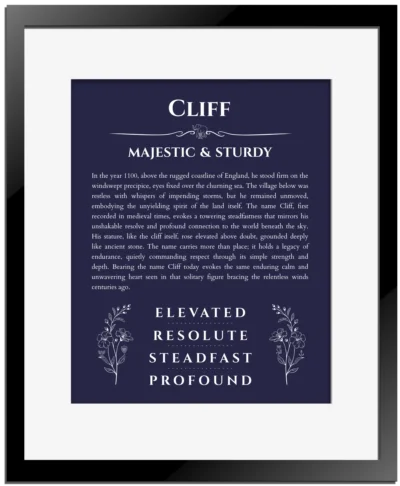 Cliff personalized name art with origin story in navy blue with black matte frame