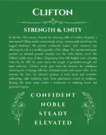 Clifton custom name art showing meaning and origin in dark green
