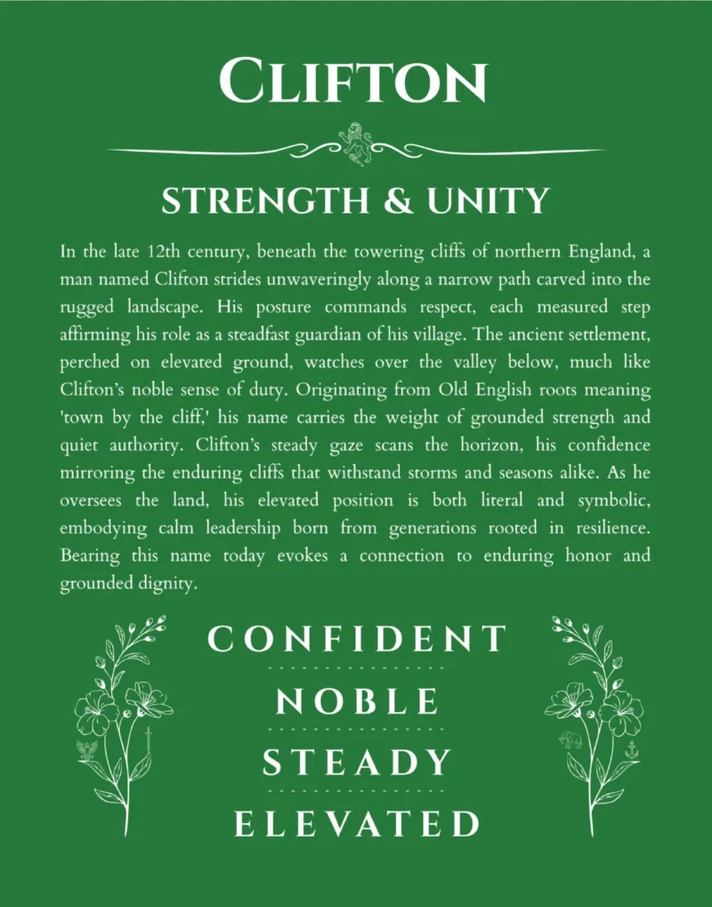 Clifton custom name art showing meaning and origin in dark green
