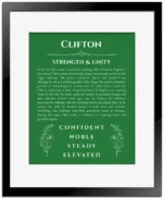 Clifton custom name art showing meaning and origin in dark green with black matte frame