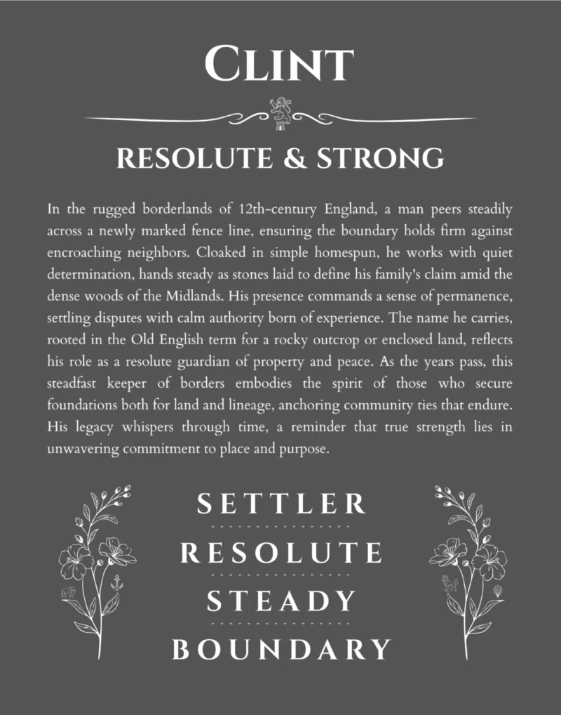 Clint personalized name print with origin and traits in gray