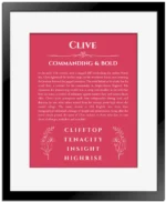 Clive custom name meaning print in red with black matte frame