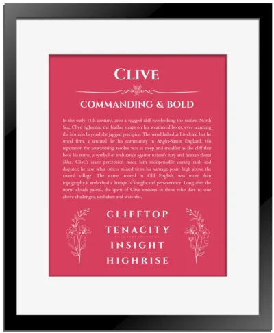 Clive custom name meaning print in red with black matte frame