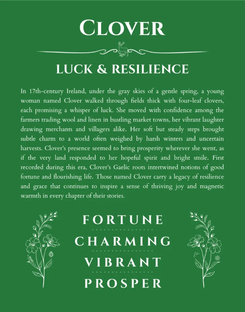 Clover name origin print with meaning and traits in dark green