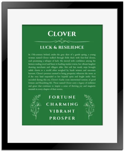 Clover name origin print with meaning and traits in dark green with black matte frame