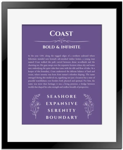 Coast name meaning wall art by Get Your Story in purple with black matte frame