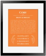 Coby personalized name art with origin story in orange with black matte frame