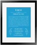 Coco custom name meaning print in blue with black matte frame