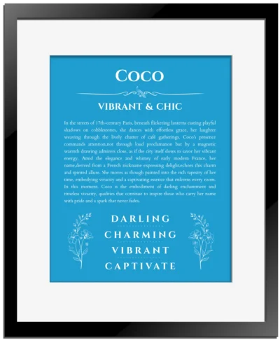Coco custom name meaning print in blue with black matte frame