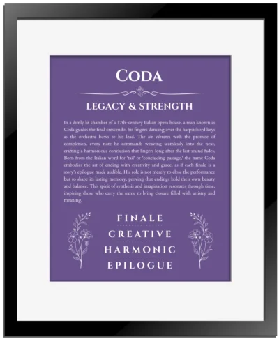 Coda custom name meaning print in purple with black matte frame