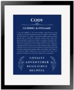 Cody personalized wall art with the story of your name in deep blue with black matte frame