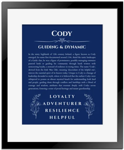 Cody personalized wall art with the story of your name in deep blue with black matte frame