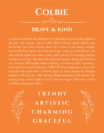 Colbie personalized name print with origin and traits in orange