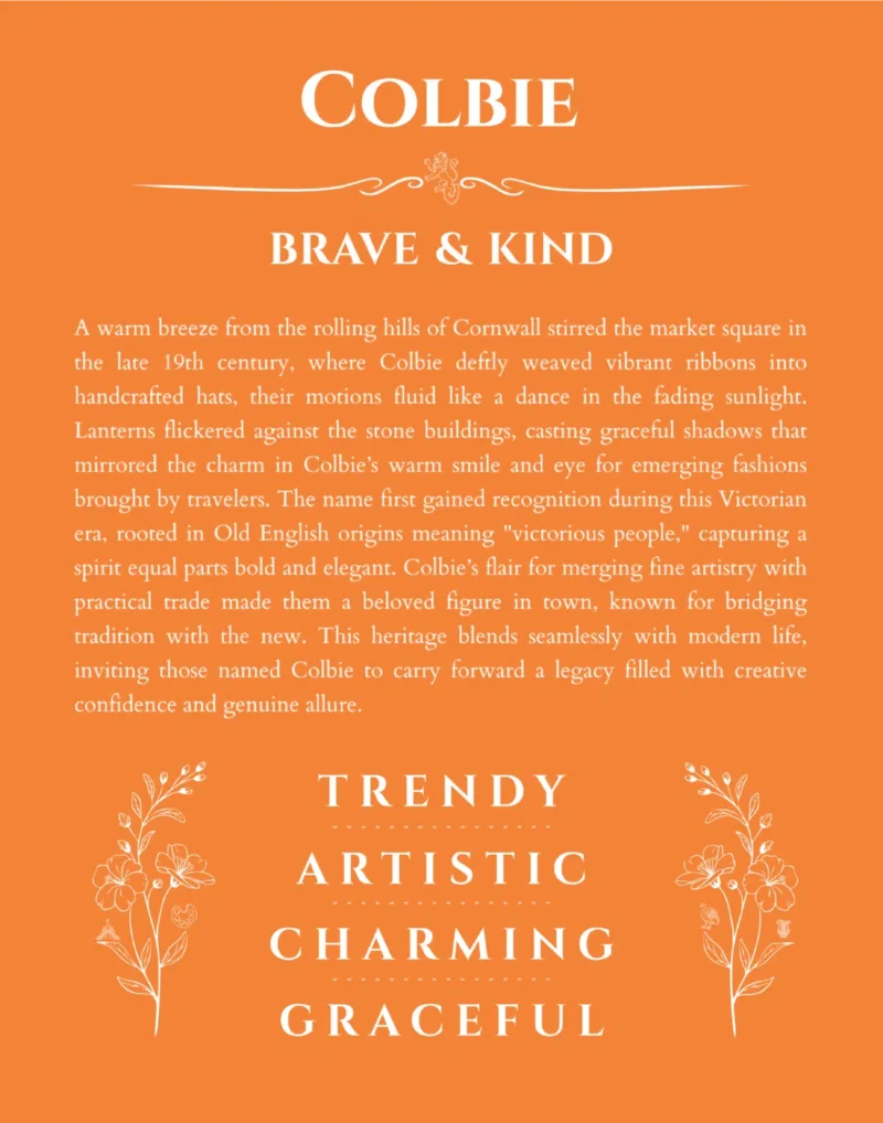 Colbie personalized name print with origin and traits in orange