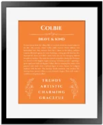 Colbie personalized name print with origin and traits in orange with black matte frame