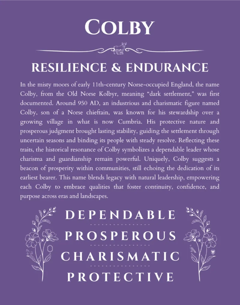 Colby name origin print with meaning and traits in purple