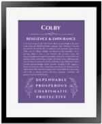 Colby name origin print with meaning and traits in purple with black matte frame
